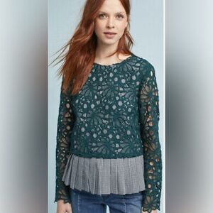 Anthropologie Maeve Gabriella Green Lace Peplum Blouse XS